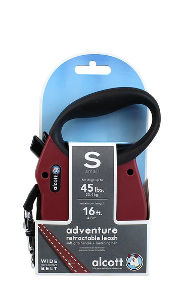Alcott Adventure Retractable Reflective Belt Leash – 16 Feet – Small for Dogs up to 45 lbs, Red with Black Soft Grip Handle – Durable & Comfortable Dog Leash