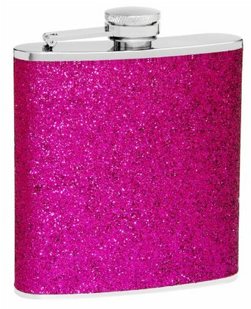 Hip Flask Holding 6 oz - Sparkly Glitter Design - Pocket Size, Stainless Steel, Rustproof, Screw-On Cap - Purple Finish - Gift Box Included