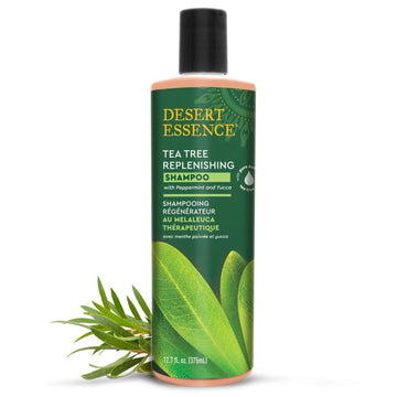 Desert Essence Tea Tree Oil Replenishing Shampoo, 12.7 fl oz, Gluten Free, Vegetarian, Non-GMO, Paraben Free - Moisture Replenishing Shampoo with Peppermint & Eucalyptus Oils to Deeply Cleanse Hair