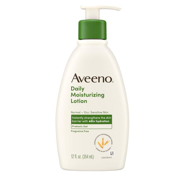 Aveeno Daily Moisturizing Body Lotion with Soothing Prebiotic Oat, Gentle Lotion Nourishes Dry Skin With Moisture, Paraben-, Dye- & Fragrance-Free, Non-Greasy & Non-Comedogenic, 12 fl. Oz