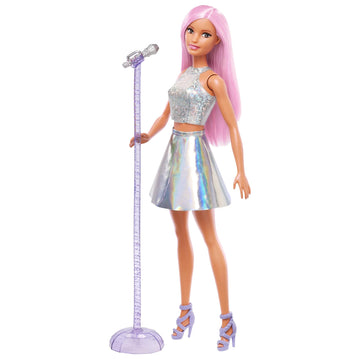 Barbie Pop Star Doll Dressed in Iridescent Skirt with Microphone and Pink Hair, Gift for 3 to 7 Year Olds
