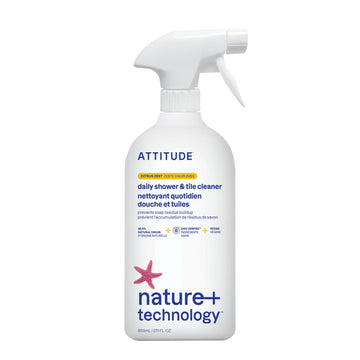 ATTITUDE Shower & Tile Cleaner Spray, EWG Verified, Bathroom Cleaner Removes Soap Scum & Grime, Plant-Based & Vegan, Citrus Zest Scent, 27.1 Fl Oz