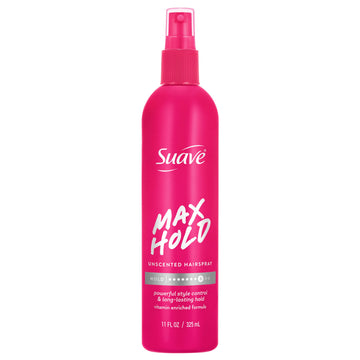 Suave Max Hold Unscented Non-Aerosol Hairspray, Strong Hold, Lightweight, Not Sticky or Stiff, For Smooth, Frizz-Free Styles, All Hair Types, 11 FL OZ