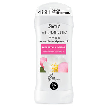 Suave Aluminum Free Deodorant for Women, Rose Petal and Jasmine, 48-Hour Odor Protection, Free of Talc, Parabens & Dyes 2.6 oz