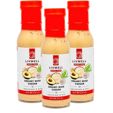 LIVWELL Dairy Free Salad Dressing - 3 Pack 8fl Oz Plant Based Miso Caesar Dressing with Avocado Oil, Probiotic Rich Chickpea Miso, and Tahini, Gluten Free Healthy Dressing & Dip