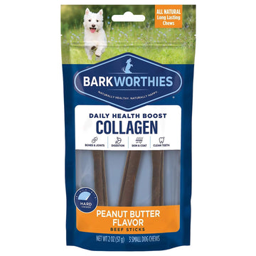 Barkworthies 6 Inch Peanut Butter Collagen Sticks - 3 Count (Pack of 1) - Healthy, Long-Lasting, High Protein, Low Fat