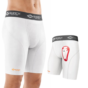 Shock Doctor Compression Shorts with Protective Bio-Flex Cup, Moisture Wicking Vented Protection, White, Youth, Medium