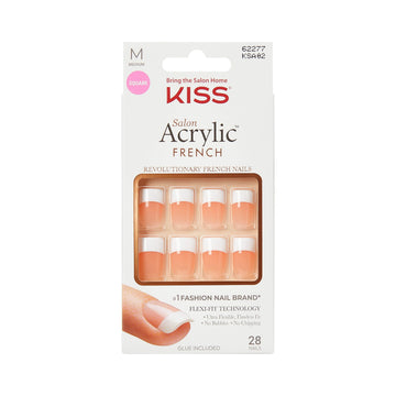 KISS Salon Acrylic French Tip Press On Nails, Medium Size, Square Shape, Includes 28 Fake Nails, Pink Gel Nail Glue (2g), 1 Manicure Stick, 1 Mini File - Style 'Sugar Rush'