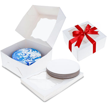 Spec101 White Square Cake Boxes with Window - 10pk Disposable Cake Container with Cake Board, 10x10x5 Inch