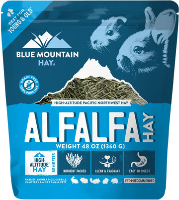 Blue Mountain Hay High-Altitude Organic Alfalfa Hay (48 oz), High Protein Fiber & Mineral Rich, Soft Leafy Texture with High Leaf Retention, Premium Quality Feed for Small Pets and Farm Use