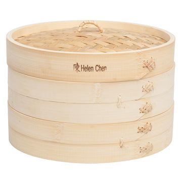 Helen's Asian Kitchen Bamboo Food Steamer with Lid - 100% Natural Bamboo - Basket Steamers for Cooking Dumplings, Dim Sum, Veggies, Fish, Meat - Preserve Nutrients & Flavors - 10-Inch