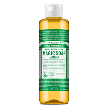 Dr. Bronner's Pure-Castile Magic Soap Liquid (Almond, 8 Ounce) - Made with Regenerative Organic Certified Oils, 18-in-1 Uses: Face, Body, Hair, Laundry, Pets and Dishes, Concentrated, Vegan, Non-GMO
