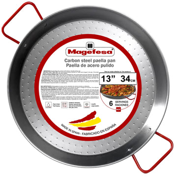 Magefesa 13.5" Carbon Steel Paella Pan – 34 cm - 6 Servings, Durable & Lightweight with Dimpled Surface, Ideal for Outdoor Cooking & Traditional Valencian Paella