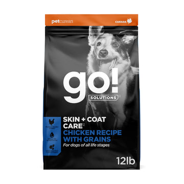 Go! Solutions Skin + Coat Care Chicken Dry Dog Food with Grains, Healthy Kibble with Omega-3s & 6s for Soft, Shiny Fur, for Puppies, Adults, & Seniors, 12 lb Bag