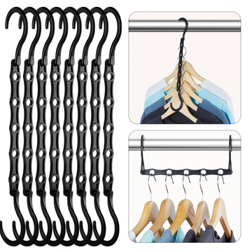 HOUSE DAY Space Saving Hangers, Black, 8 Pack, Collapsible Closet Organizer, Smart Hangers Plastic, Space Saver Hangers with 5 Holes, Sturdy Closet Organizers and Storage