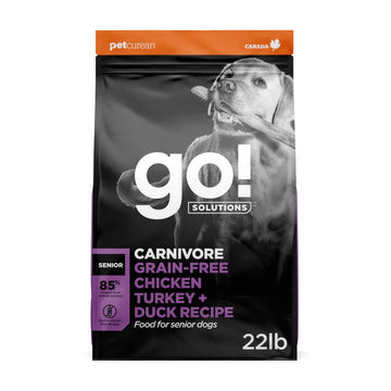 Go! Solutions Carnivore Chicken, Turkey + Duck Grain-Free Dry Senior Dog Food, Our Highest-Protein Kibble Made with Real Meat & Fish, Pumpkin & Probiotics for Good Digestion, 22 lb Bag
