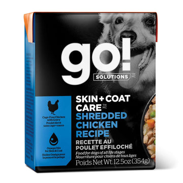 Go! Solutions Skin + Coat Care Shredded Chicken with Grains, Healthy Wet Dog Food with Omega-3s & 6s for Soft, Shiny Fur, for Puppies, Adults, & Seniors, 12.5 oz