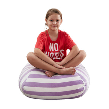 Loungie Bean Bag Chair Cover - Stuffed Animal Storage Bean Bag Cover 32" Round, Striped Lavender and White