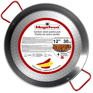 Magefesa 12" Carbon Steel Paella Pan – 30 cm - 4 Servings, Durable & Lightweight with Dimpled Surface, Ideal for Outdoor Cooking & Traditional Valencian Paella