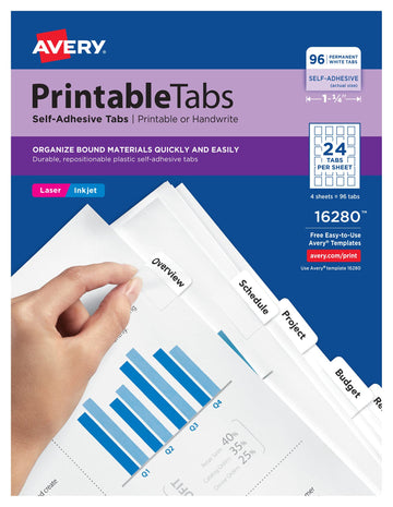 Avery Printable Self-Adhesive Plastic Tabs, 1-1/4", Repositionable Adhesive, White, Pack of 96 (16280)