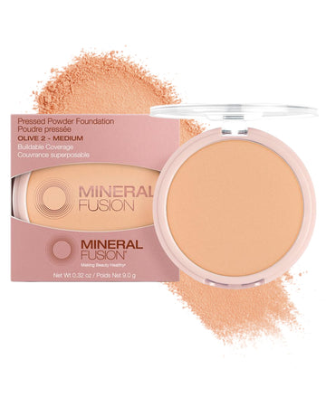 Mineral Fusion Pressed Powder Foundation - Matte Finish Face Powder for Light Medium Skin with Greenish Undertones - Age Defying Foundation Makeup - Talc Free, Hypoallergenic, Cruelty-Free (Olive 2)