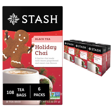 Stash Tea Holiday Chai Tea 18 Count Tea Bags (Pack of 6), Individual Spiced Black Tea Bags for Use in Teapots Mugs or Cups, Brew Hot Tea or Iced Tea