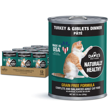 Dave's Pet Food Grain Free Canned Cat Food (Turkey & Giblets Pate), Made in USA Naturally Healthy Canned, Canned Pate, 12.5 oz Cans (12 Pack)