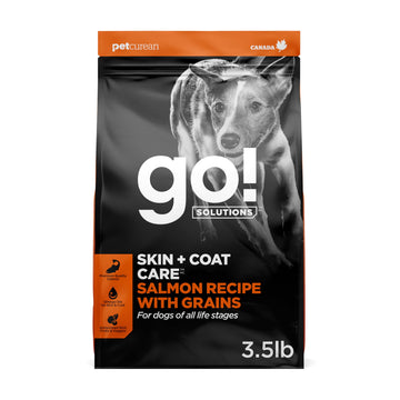 Go! Solutions Skin + Coat Care Salmon Dry Dog Food with Grains, Chicken-Free, Healthy Kibble with Omega-3s & 6s for Soft, Shiny Fur, for Puppies, Adults, & Seniors, 3.5 lb Bag