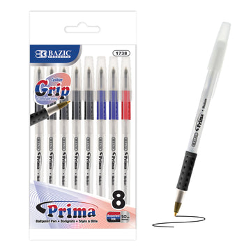 BAZIC 1738 Prima Assorted Color Stick Pen w/Cushion Grip (8/Pack)
