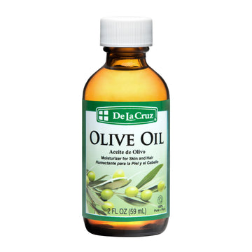 De La Cruz 100% Pure Olive Oil Expeller Pressed for Hair and Skin Lightweight Hair Oil and Moisturizer for Dry Skin and Beauty 2 Fl Oz (1 Bottle)