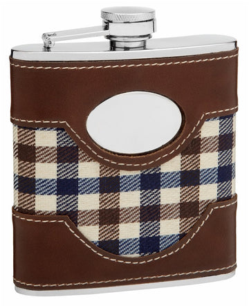 Faux Leather and Cloth Hip Flask Holding 6 oz - Plaid Design - Pocket Size, Stainless Steel, Rustproof, Screw-On Cap