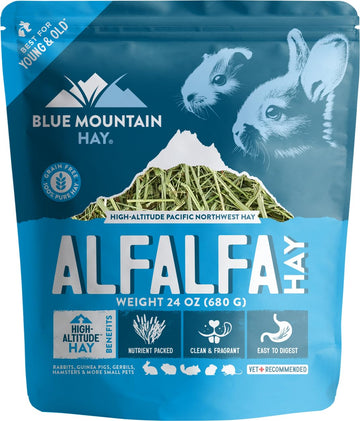 Blue Mountain Hay High-Altitude Organic Alfalfa Hay (24 oz), High Protein Fiber & Mineral Rich, Soft Leafy Texture with High Leaf Retention, Premium Quality Feed for Small Pets and Farm Use