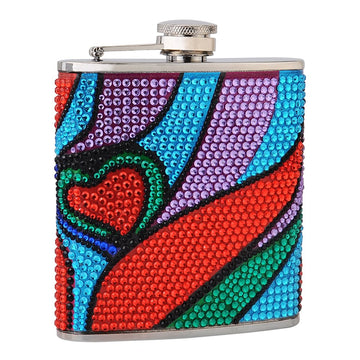 Hip Flask Holding 6 oz - Rhinestone Heart Pattern Design - Pocket Size, Stainless Steel, Rustproof, Screw-On Cap - Purple, Green, Red and Blue Finish