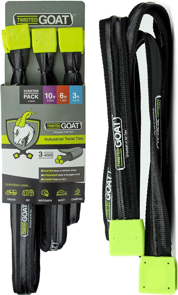Twisted Goat Industrial Twist Ties - Heavy Duty Reusable, Flexible Ties for Securing Cargo, Hanging Hammocks, Organizing Camping Gear, and More! Jumbo Pack (4) 3ft; (4) 6ft; (4) 10ft
