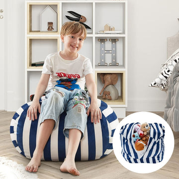 Loungie Bean Bag Chair Cover - Stuffed Animal Storage Bean Bag Cover 32" Round, Striped Navy and White