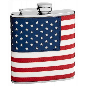 Hip Flask Holding 6 oz - American Flag Design - Pocket Size, Stainless Steel, Rustproof, Screw-On Cap - Blue, Red and White Finish