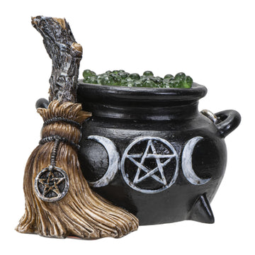 Pacific Giftware LED Light Up Cauldron with Broom, Gothic Collectible Polyresin Home Decor, 3.47 Inches x 3.22 Inches x 3 Inches