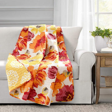 Lush Decor Leah Reversible Throw Blanket, 50" W x 60" L, Red & Orange - Large Blooming Watercolor Flowers - Charming Quilted Floral Blanket For Bed, Couch, Or Chair