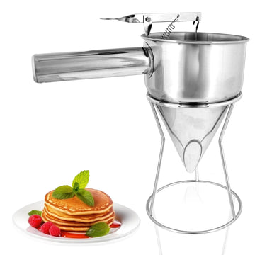 Lot45 Pancake Batter Dispenser - Piston Funnel Tapered Stainless Steel Confectionary Funnel Dispenser with Steel Stand