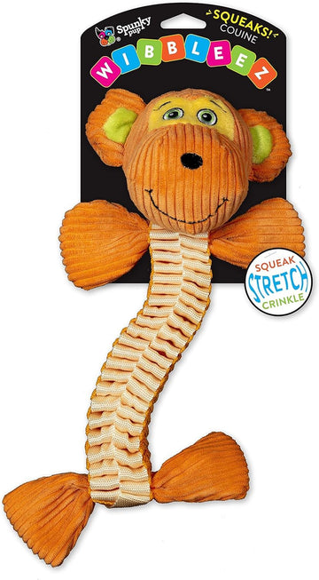 Spunky pup Wibbleez Dog Toy | Stretchy Nylon Webbing with Plush Squeaker Head and Crinkle Ends | Durable Tug Toy for All Breeds / Assorted Colors Green/Gator, Blue/Elephant, Orange/Monkey