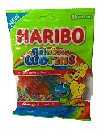 Haribo of America (1) 4 oz Bag Haribo Rainbow Worms (Share Size) Flavors Include Black Currant, Lemon and Strawberry