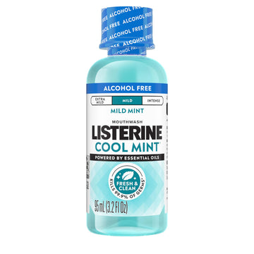 Listerine Cool Mint Alcohol-Free Mild Mouthwash, Oral Rinse Kills 99.9% of Germs that Cause Bad Breath, Less Intense Taste, Mild Mint Flavor, 3.2 fl. oz