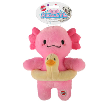SPOT Axolotl with Duck Tube – 10″ Soft Plush Dog Toy with Removable Duck Float & Squeaker for Small & Medium Dogs – Reinforced Seams – Crinkle Ears – for Light Chewers