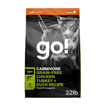 Go! Solutions Carnivore Chicken, Turkey + Duck Grain-Free Dry Puppy Food, Our Highest-Protein Kibble Made with Real Meat & Fish, Pumpkin & Probiotics for Good Digestion, 22 lb Bag
