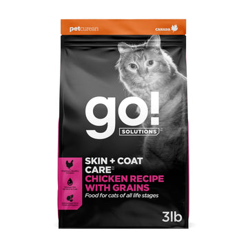 Go! Solutions Skin + Coat Care Chicken Dry Cat Food with Grains, Healthy Kibble with Omega-3s & 6s for Soft, Shiny Fur, for Kittens, Adults, & Seniors, 3 lb Bag
