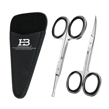 HB Professionals Facial Hair Scissors With Case - Curved & Rounded - Premium Stainless Steel - Mustache, Beard, Nose, Eyebrows, Eyelashes & Ear Hair Cutting Scissors - For Men & Women - 2 PCS (Silver)
