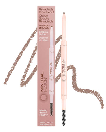 Mineral Fusion Retractable Brow Pencil (Medium Brown) - TZR 2025 Beauty Heroes Award Winner - Shape & Define Eyebrow with Blending Spoolie Brush - Velvety Smooth, Long-Lasting Color - Vegan Formula