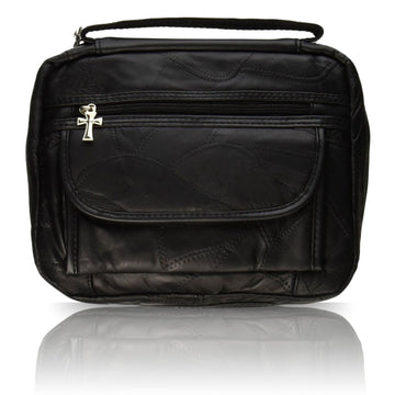 Bible Cover - Genuine Leather - Black - Cross Style Zipper Pulls and Extra Hook and Loop Pockets - Carrying Strap - Fits Most Standard Size Bibles - 9.25" X 6.3" X 1.77"