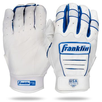 Franklin Sports USA Softball Women's Softball Batting Gloves - CFX Pro Fastpitch + Slowpitch Girls Batting Gloves - Adult + Youth Pairs - White + Royal Blue - Adult Small