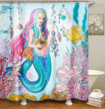GOOESING Fabric Cartoon Mermaid Curtain Home Decorative Polyester Bath Curtain Home Decorative Polyester Bath Curtain with 12 Hooks